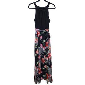 K STUDIO COLLECTION Womens Black Floral Maxi Dress M Sleeveless Tie Waist